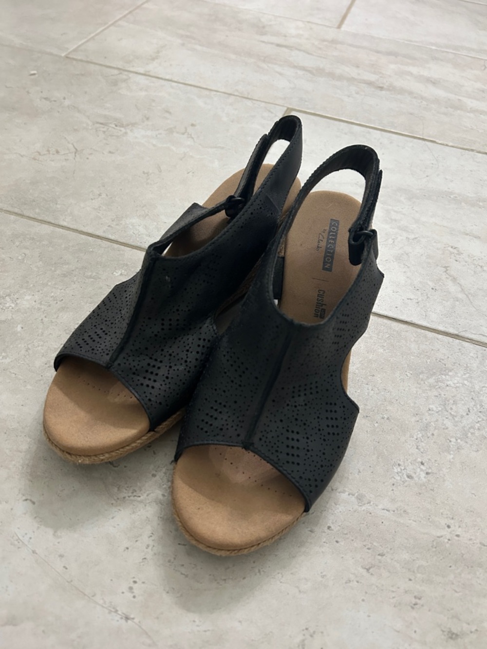 Clark’s Black Perforated Open-Toe Slingback Wedges